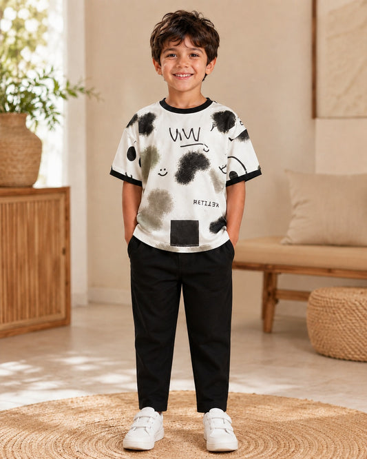 White Graphic T-Shirt & Black Trouser 2-Piece Set – Boys