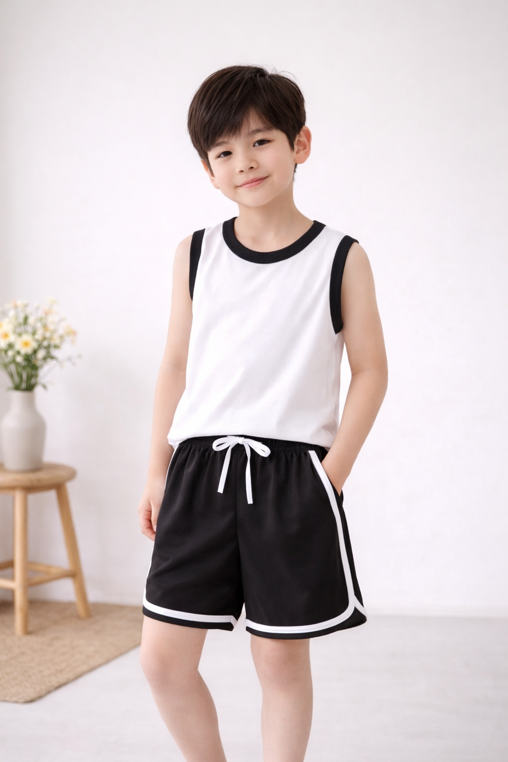 Black and white sleeveless shirt and short