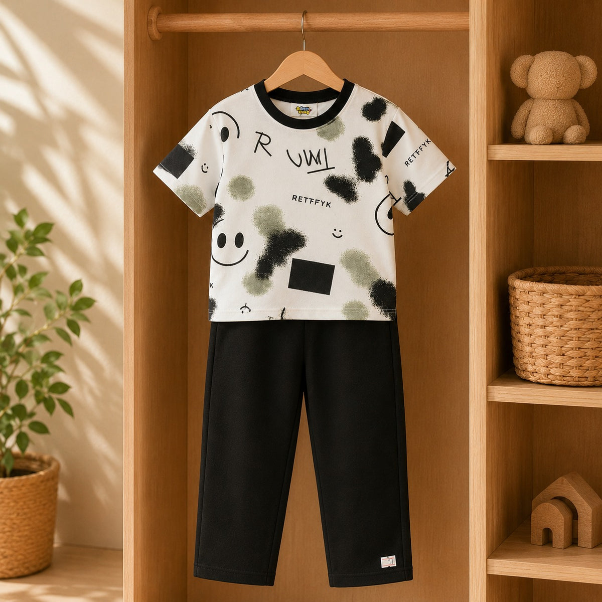 White Graphic T-Shirt & Black Trouser 2-Piece Set – Boys