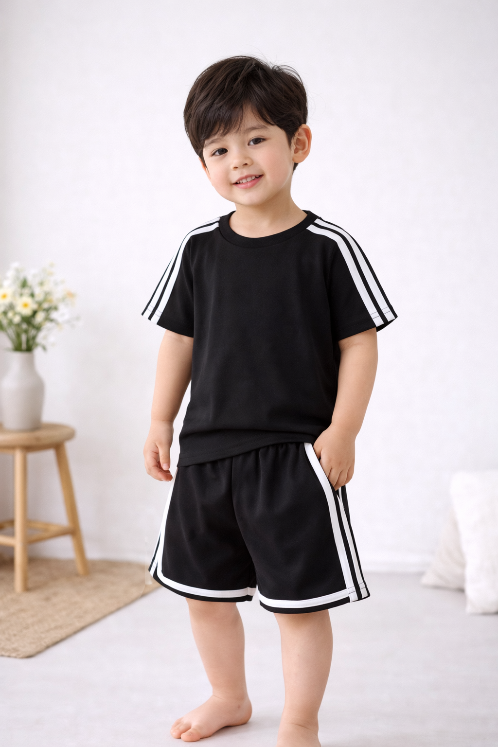 Black short set with white strips