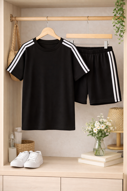 Black short set with white strips