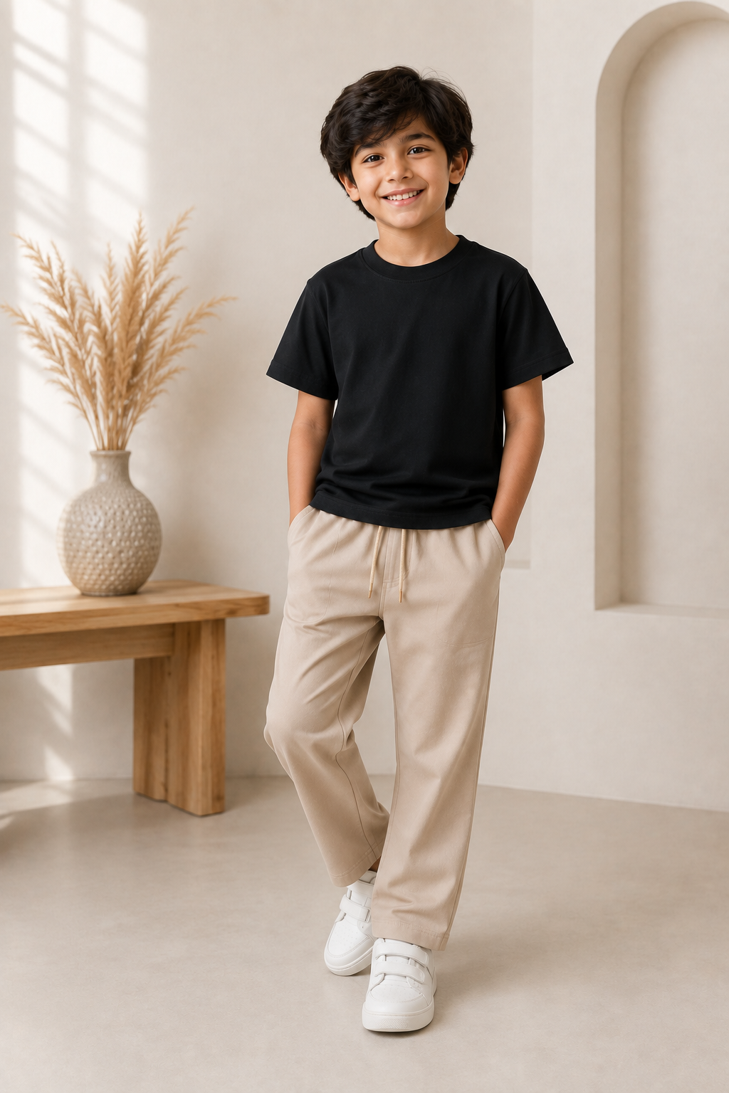 Black Essential T-Shirt & Beige Trouser Set – Boys