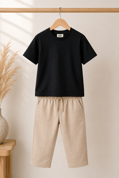 Black Essential T-Shirt & Beige Trouser Set – Boys