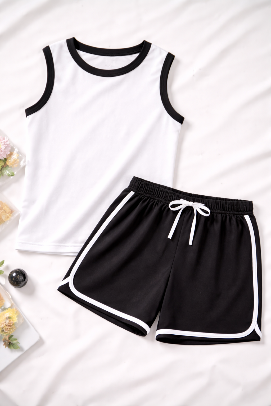 Black and white sleeveless shirt and short