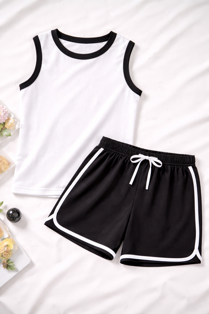Black and white sleeveless shirt and short