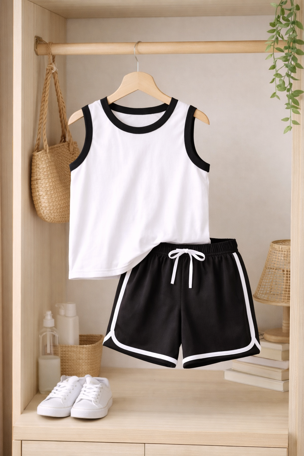 Black and white sleeveless shirt and short
