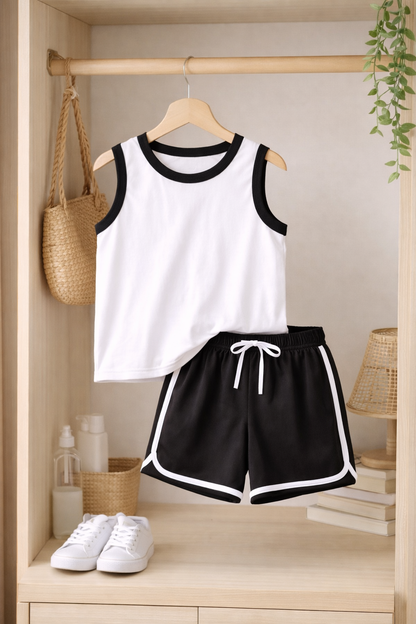 Black and white sleeveless shirt and short